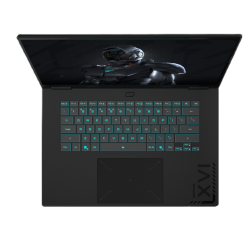 Pogled od zgoraj na tipkovnico prenosnika GIGABYTE z modro osvetlitvijo in velikim sledilnikom.