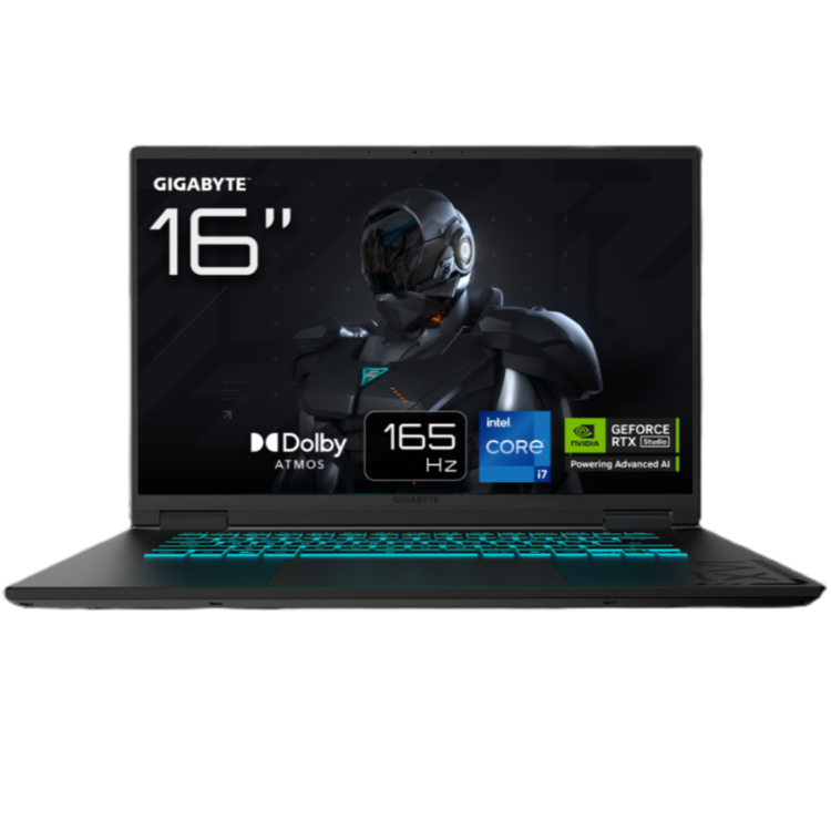 Sprednji pogled prenosnika GIGABYTE 16": 165 Hz zaslon, Dolby Atmos, Intel Core i7, RTX grafika.