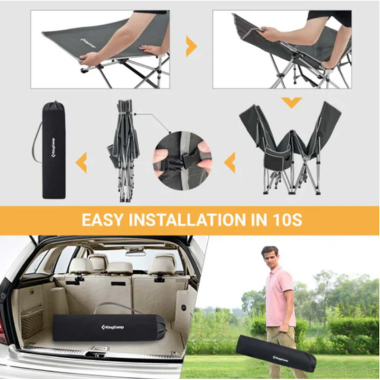 Hitra postavitev zložljivega kamping ležišča KingCamp, prikaz zlaganja in prenašanja v torbi.