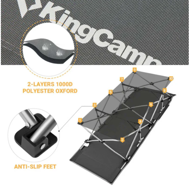 Konstrukcija zložljivega kamping ležišča KingCamp z 2‑slojno oxford tkanino in nedrsečimi nogami.
