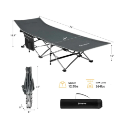 Dimenzije in nosilnost zložljivega kamping postelje KingCamp z zloženo obliko in torbo za prenašanje.