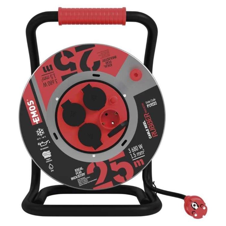 Zunanji kolutni podaljšek Emos 25 m / 4 vtičnice / črni / guma-neopren / 230V / 1,5 mm2