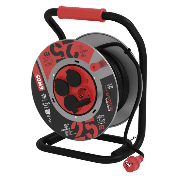 Zunanji kolutni podaljšek Emos 25 m / 4 vtičnice / črni / guma-neopren / 230V / 1,5 mm2