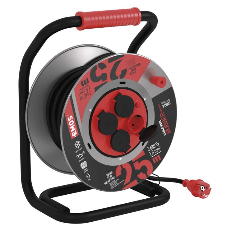 Zunanji kolutni podaljšek Emos 25 m / 4 vtičnice / črni / guma-neopren / 230V / 1,5 mm2