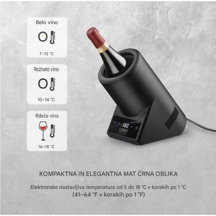 Električna hladilna posoda za vino omogoča nastavitev temperature od 5 do 18 °C za optimalno serviranje različnih vrst vina.
