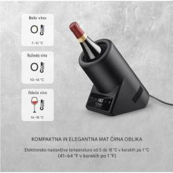 Električna hladilna posoda za vino omogoča nastavitev temperature od 5 do 18 °C za optimalno serviranje različnih vrst vina.