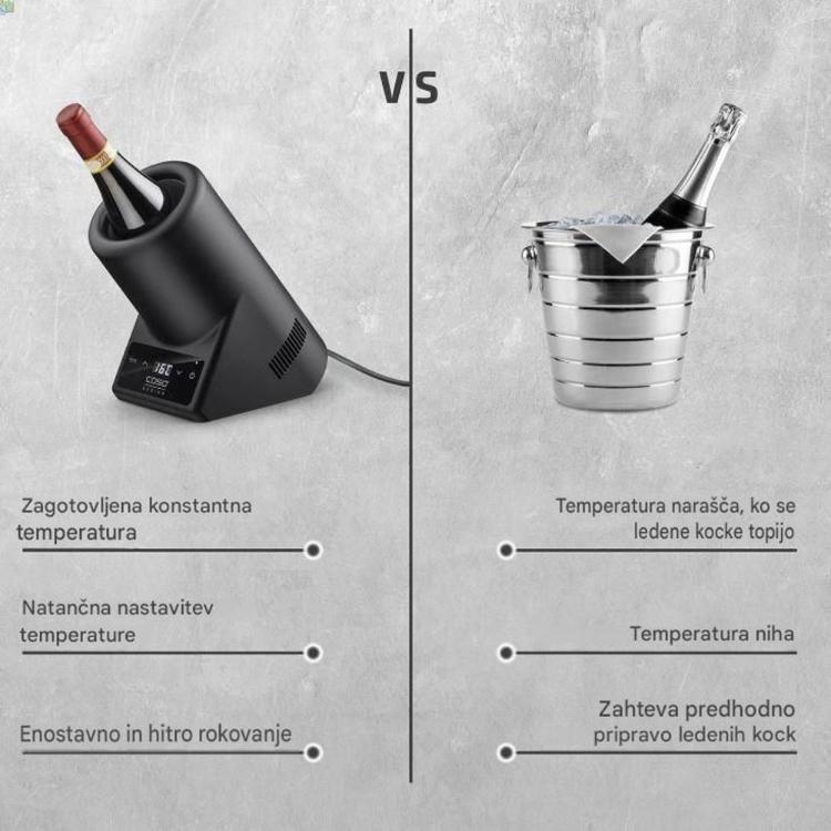 Električna hladilna posoda za vino zagotavlja stalno temperaturo in natančen nadzor hlajenja v primerjavi s klasično posodo z ledom.