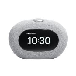 Pametna budilka z zaslonom, siv tekstilni zvočnik in prikaz ure 10:30 na sprednji strani