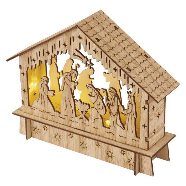 Božične jaslice lesene Emos, LED 6, 15 cm, 2x AA, notranje, topla bela, časovnik