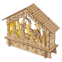 Božične jaslice lesene Emos, LED 6, 15 cm, 2x AA, notranje, topla bela, časovnik