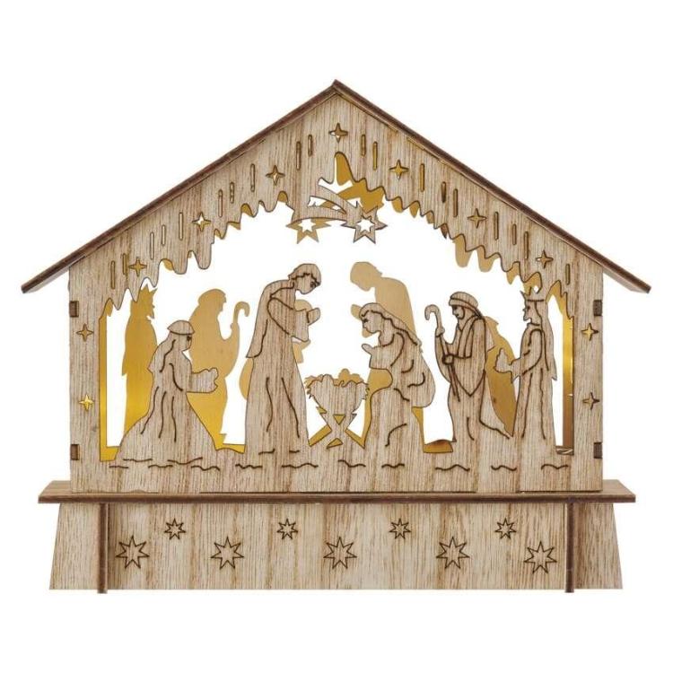 Božične jaslice lesene Emos, LED 6, 15 cm, 2x AA, notranje, topla bela, časovnik