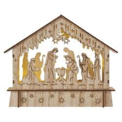 Božične jaslice lesene Emos, LED 6, 15 cm, 2x AA, notranje, topla bela, časovnik