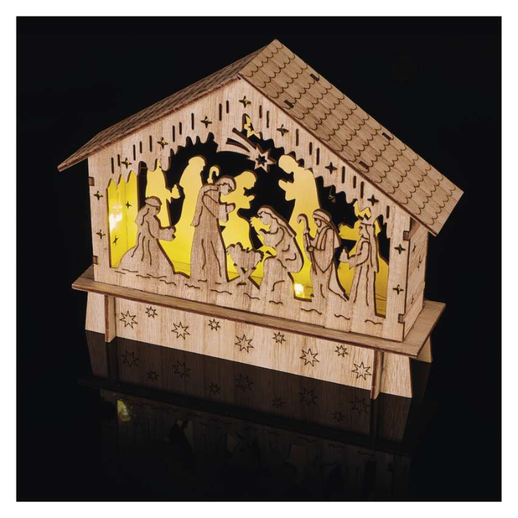 Božične jaslice lesene Emos, LED 6, 15 cm, 2x AA, notranje, topla bela, časovnik