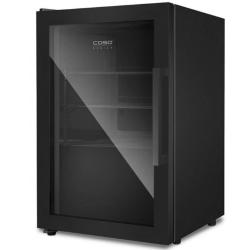 Kompaktna hladilna vitrina za pijače s steklenimi vrati in elegantnim črnim ohišjem za sodobne bivalne prostore.