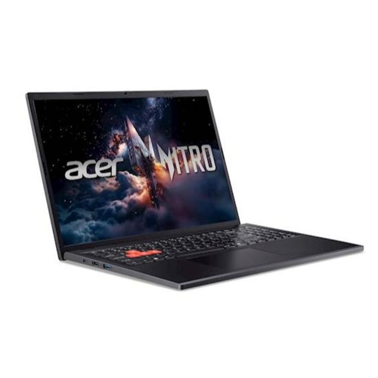 Gaming prenosnik Acer Nitro Lite odprt pod kotom, črno ohišje, velik zaslon in poudarjene tipke WASD.