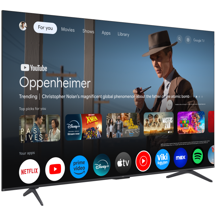 TCL TV z Google TV, prikaz Oppenheimer, aplikacije Netflix, YouTube, tanek okvir, eleganten stranski pogled.