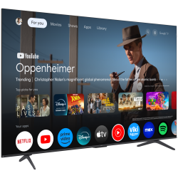 TCL TV z Google TV, prikaz Oppenheimer, aplikacije Netflix, YouTube, tanek okvir, eleganten stranski pogled.
