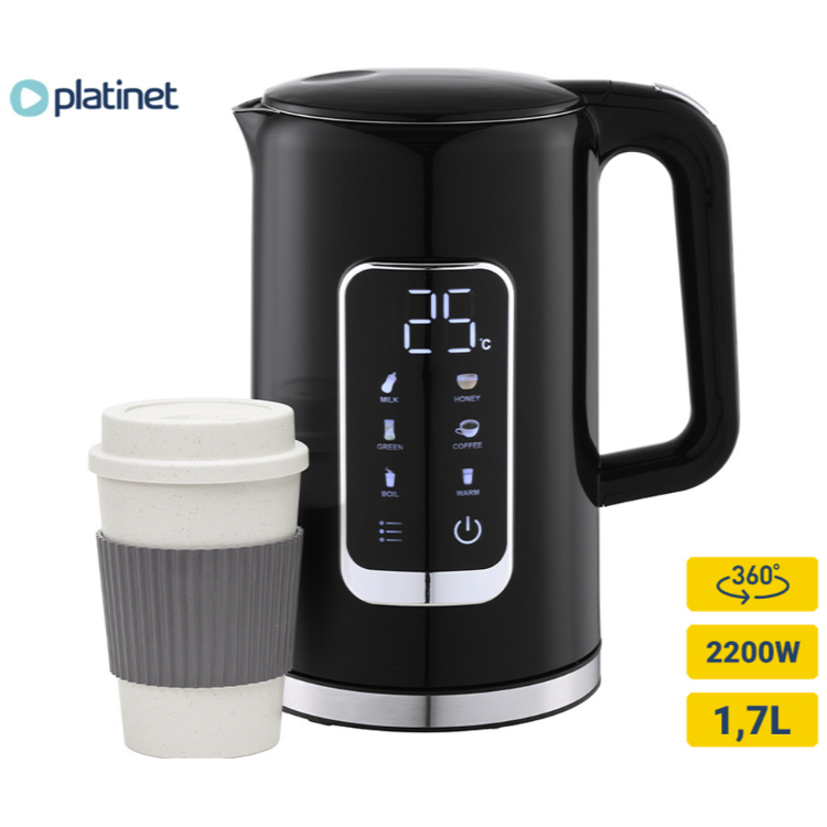 Platinet digitalni grelnik vode v črni barvi, prikazan z digitalnim zaslonom, prostornino 1,7 L, močjo 2200 W in 360° vrtljivim podstavkom.