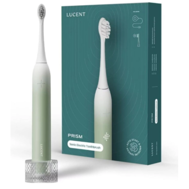 Lucent: Sonična zobna ščetka Prism z embalažo, zelena barva, priložen stojalo in škatla z napisom Prism Sonic Electric Toothbrush