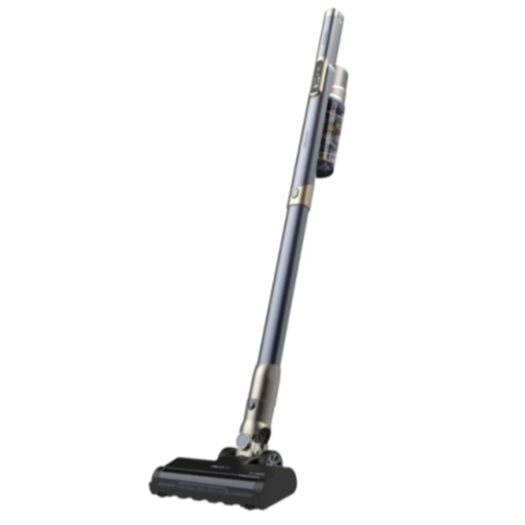 Cecotec pokončni brezžični sesalnik v temno sivi barvi, prikazan s talno krtačo in podaljšano cevjo za čiščenje tal.