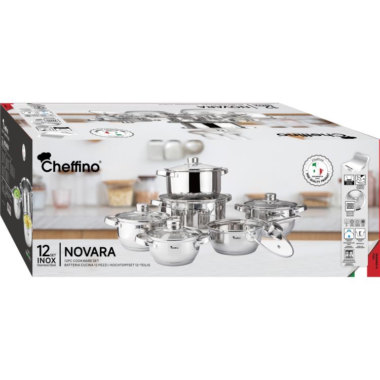 Embalaža Cheffino Novara 12‑delnega seta posode z opisom inox materiala in prikazom kompleta