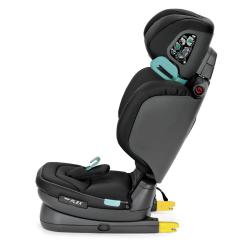 Otroški avtosedež v stranskem pogledu, črn z modrimi detajli, vidna nastavljiva naslonjala