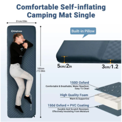 Samonapihljiva spalna podloga KingCamp z vgrajeno blazino, prikaz dimenzij in notranje strukture.