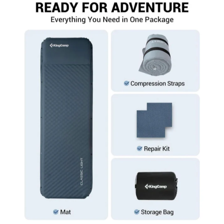 Komplet KingCamp Classic Light, vključuje spalno podlogo, kompresijske trakove, komplet za popravilo in torbo.
