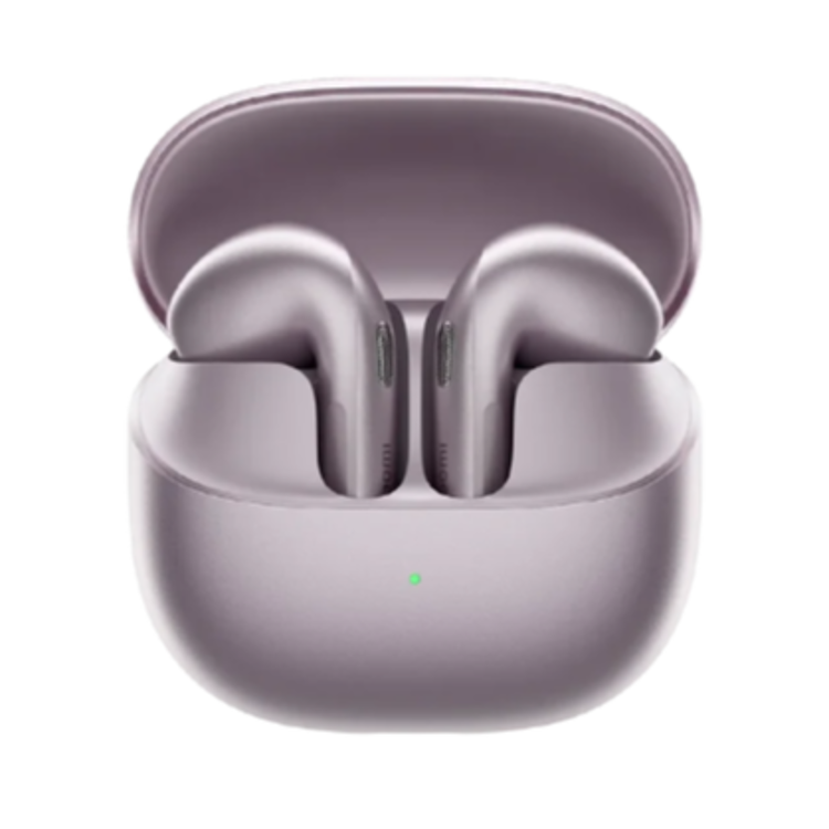 Xiaomi Buds 6 vijola v odprti polnilni škatlici, obe slušalki vstavljeni, LED indikator na sprednji strani.