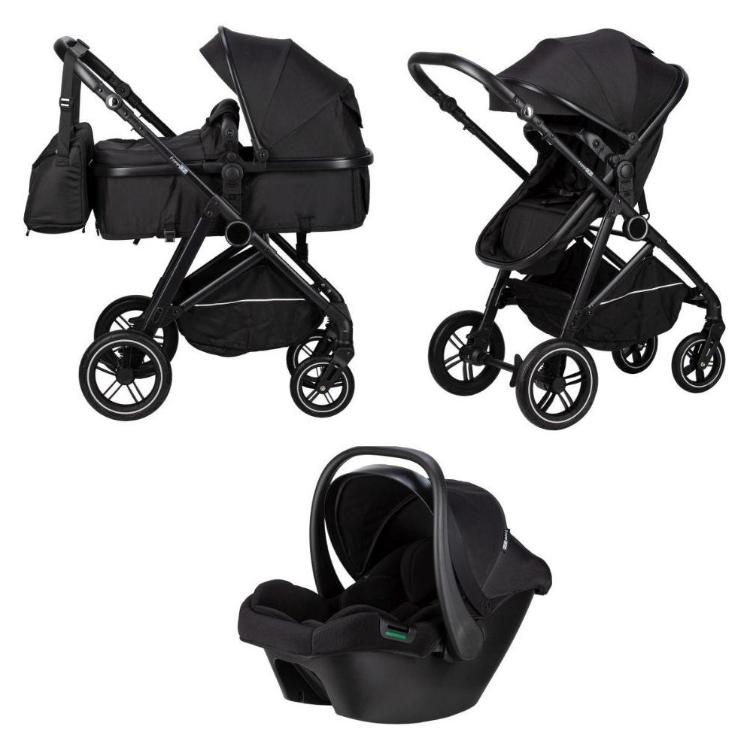 FreeON otroški voziček 3‑v‑1 Neo v črni barvi z globoko košaro, športnim sedežem in avtosedežem.