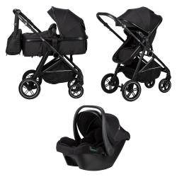 FreeON otroški voziček 3‑v‑1 Neo v črni barvi z globoko košaro, športnim sedežem in avtosedežem.