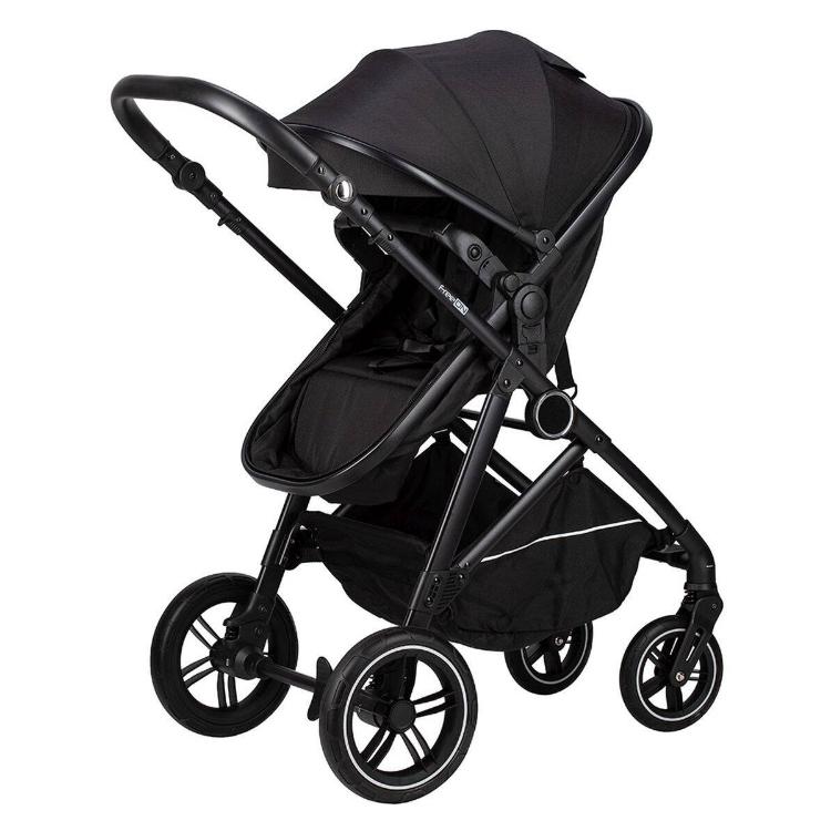 FreeON Neo športni voziček v črni barvi, sprednji pogled z nastavljivim sedežem in veliko strešico.