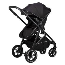 FreeON Neo športni voziček v črni barvi, sprednji pogled z nastavljivim sedežem in veliko strešico.