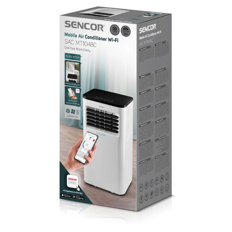 Embalaža Sencor prenosne klimatske naprave SAC MT1048C z navedbo Wi‑Fi upravljanja, hlajenja 10.000 BTU/h in aplikacije Sencor HOME