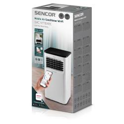 Embalaža Sencor prenosne klimatske naprave SAC MT1048C z navedbo Wi‑Fi upravljanja, hlajenja 10.000 BTU/h in aplikacije Sencor HOME