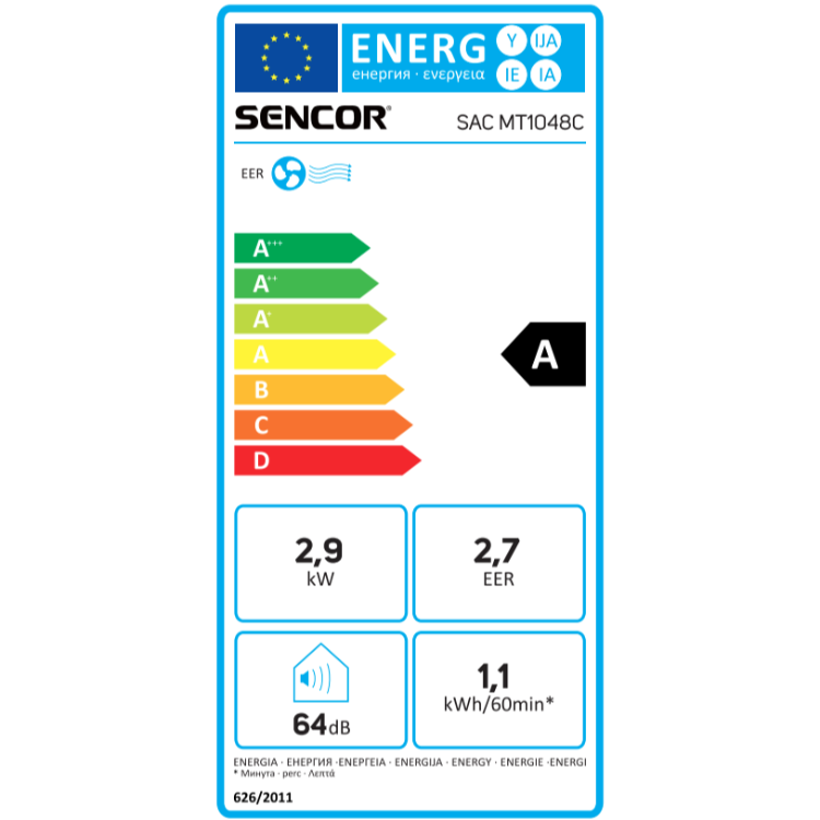 Energijska nalepka EU za Sencor klimatsko napravo SAC MT1048C z razredom učinkovitosti A ter podatki o moči, EER in hrupu