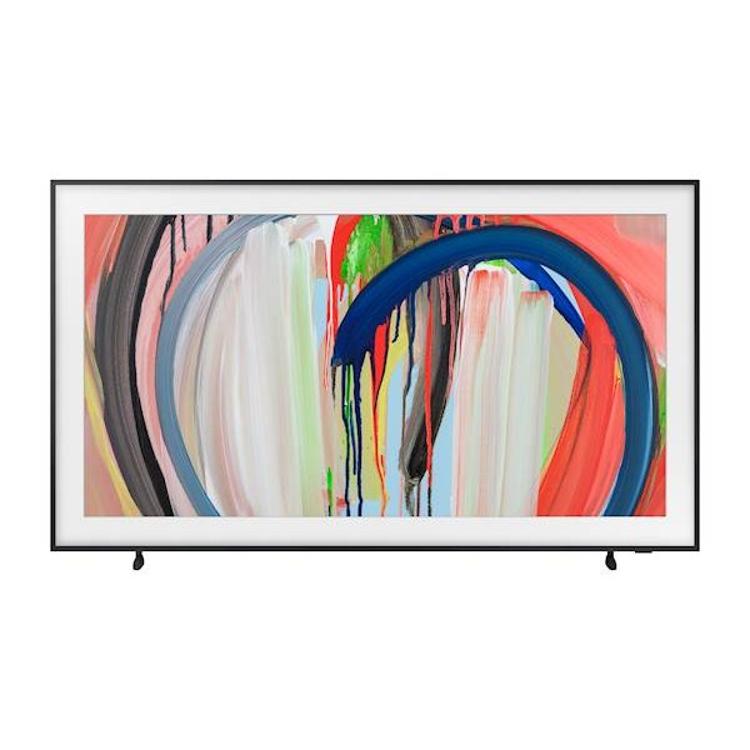 Samsung The Frame TV, frontalni pogled z belim okvirjem in umetniško sliko, videz slike na steni.
