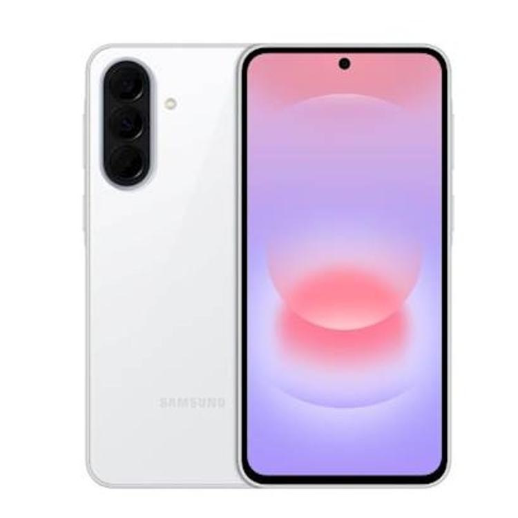 Telefon: Samsung Galaxy A37 5G 128 GB, bela barva, trojna zadnja kamera, zaslon s sredinsko sprednjo kamero.