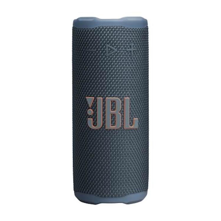 Zvočnik: Prenosni Bluetooth zvočnik JBL Grip, temno modre barve, gumirana tekstura, pokončna zasnova.
