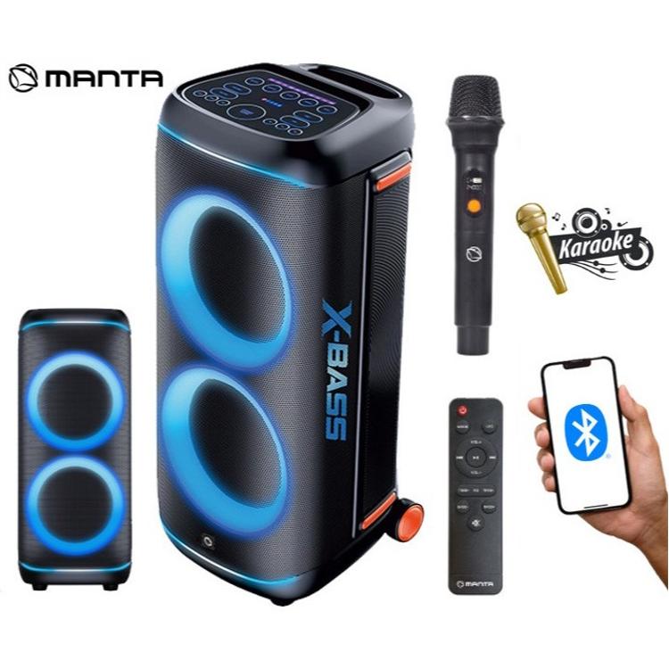 Manta karaoke zvočnik z dodatki Bluetooth, mikrofonom, daljincem in modro LED osvetlitvijo.