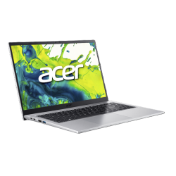 Prenosnik Acer, odprt pod kotom, srebrno ohišje, črna tipkovnica in zaslon z zeleno‑modro grafiko Acer.