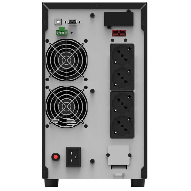 PowerWalker UPS, zadnja stran, 4 Schuko izhodi, USB, RS‑232, ventilatorja, priključki za upravljanje.