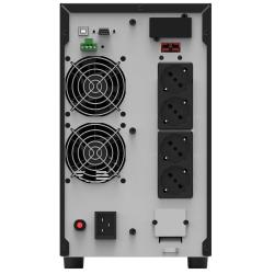 PowerWalker UPS, zadnja stran, 4 Schuko izhodi, USB, RS‑232, ventilatorja, priključki za upravljanje.