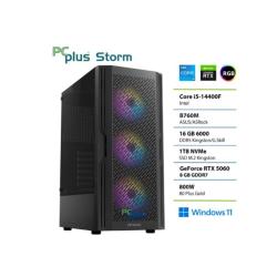 PCPLUS Storm namizni računalnik v črnem ohišju z RGB ventilatorji, prikazan pod kotom na svetlem ozadju.