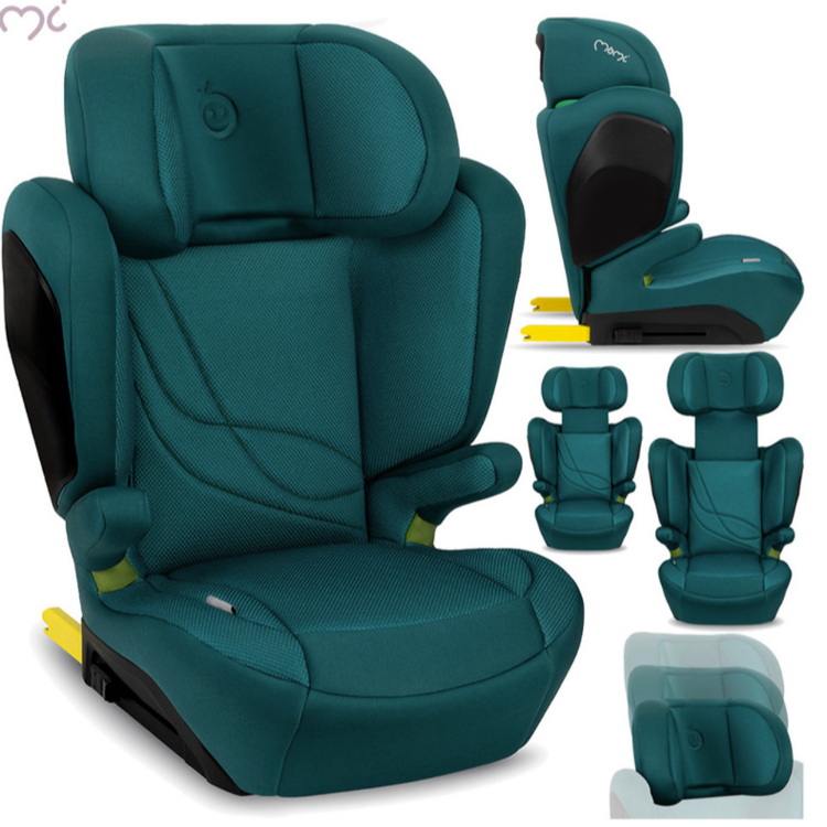 MoMi avtosedež v zeleni barvi, prikazan v več pogledih z nastavljivim vzglavnikom, bočnimi zaščitami in ISOFIX-pritrditvijo.
