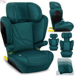 MoMi avtosedež v zeleni barvi, prikazan v več pogledih z nastavljivim vzglavnikom, bočnimi zaščitami in ISOFIX-pritrditvijo.