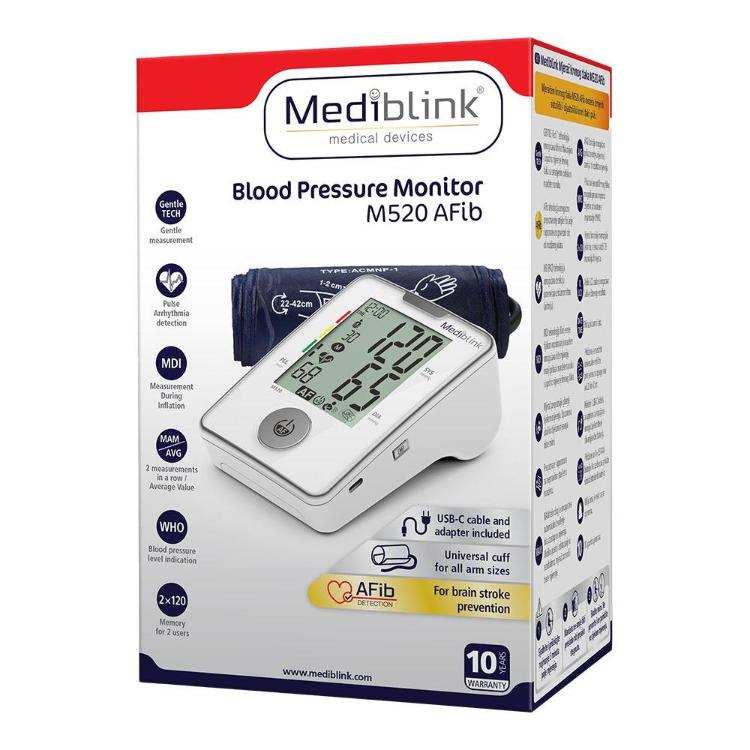 Mediblink M520 AFib: embalaža merilnika krvnega tlaka z velikim zaslonom, funkcijo AFib in univerzalno manšeto.
