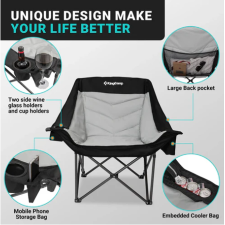 Kamping stol KingCamp z dodatnimi funkcijami, kot so držala za kozarce, predal za telefon in hladilni žep.