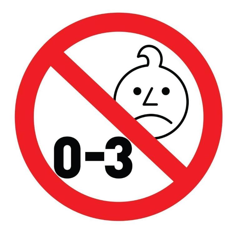 Opozorilni simbol prepovedi za otroke od 0 do 3 let zaradi majhnih delov.
