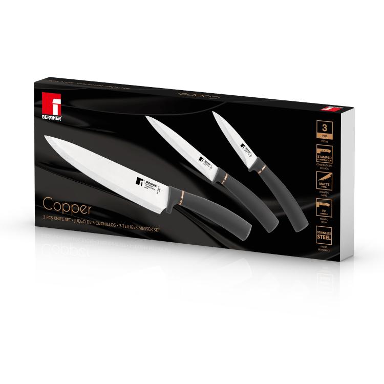 Komplet treh kuhinjskih nožev Copper v embalaži z ergonomskimi črnimi ročaji.